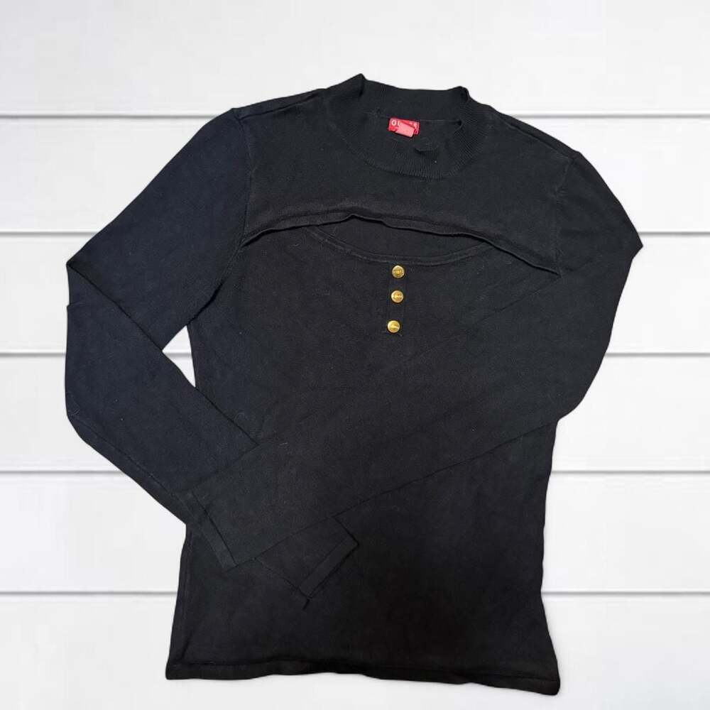 Guess Black Long Sleeve Cutout Neck Top with Gold Buttons Size S